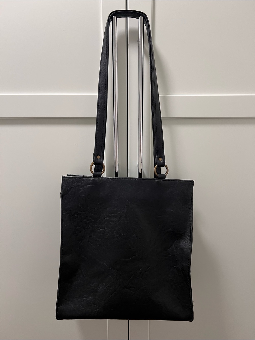 Vintage Genuine Leather Black Structured Tote Shoulder Bag Work Purse Large